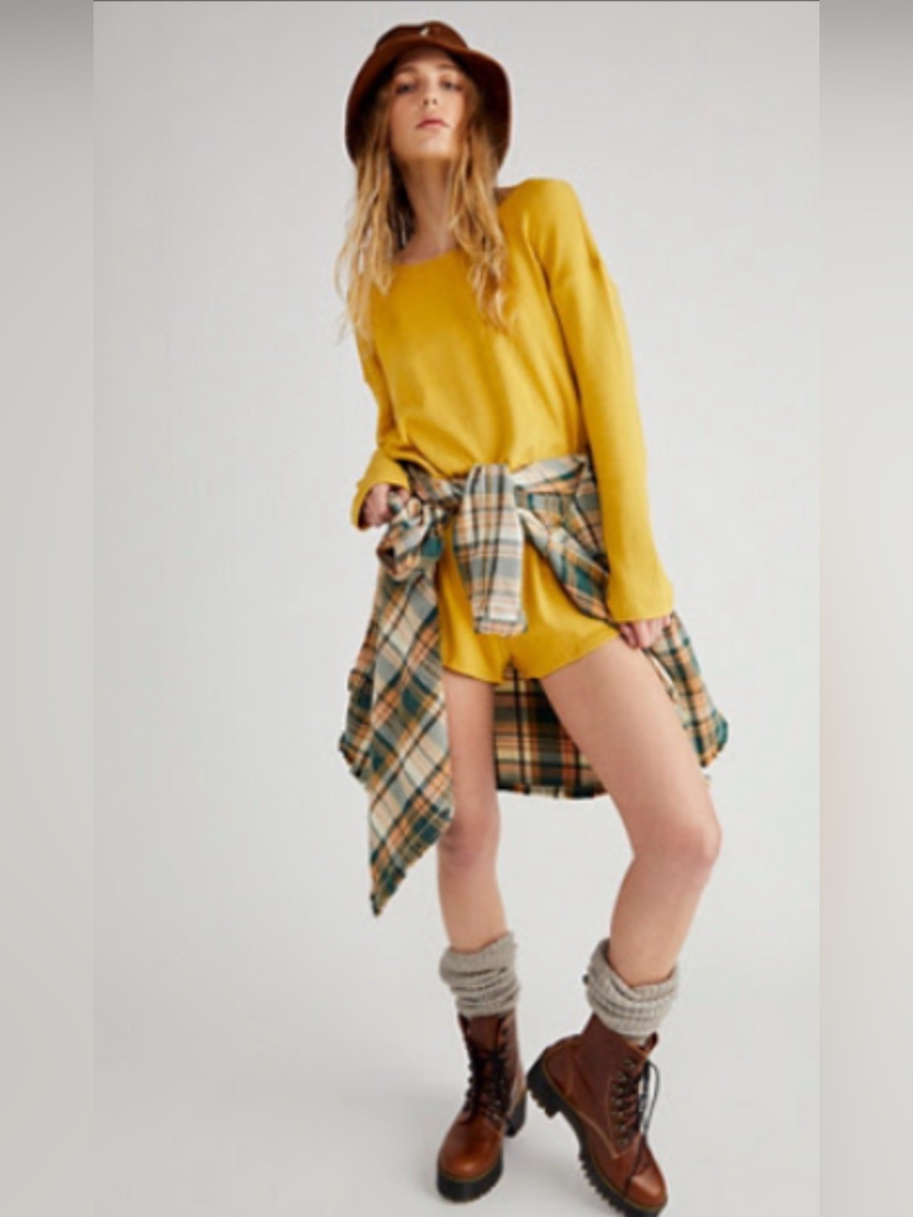Free People Mustard Yellow Long-Sleeve Romper with Waist Detail